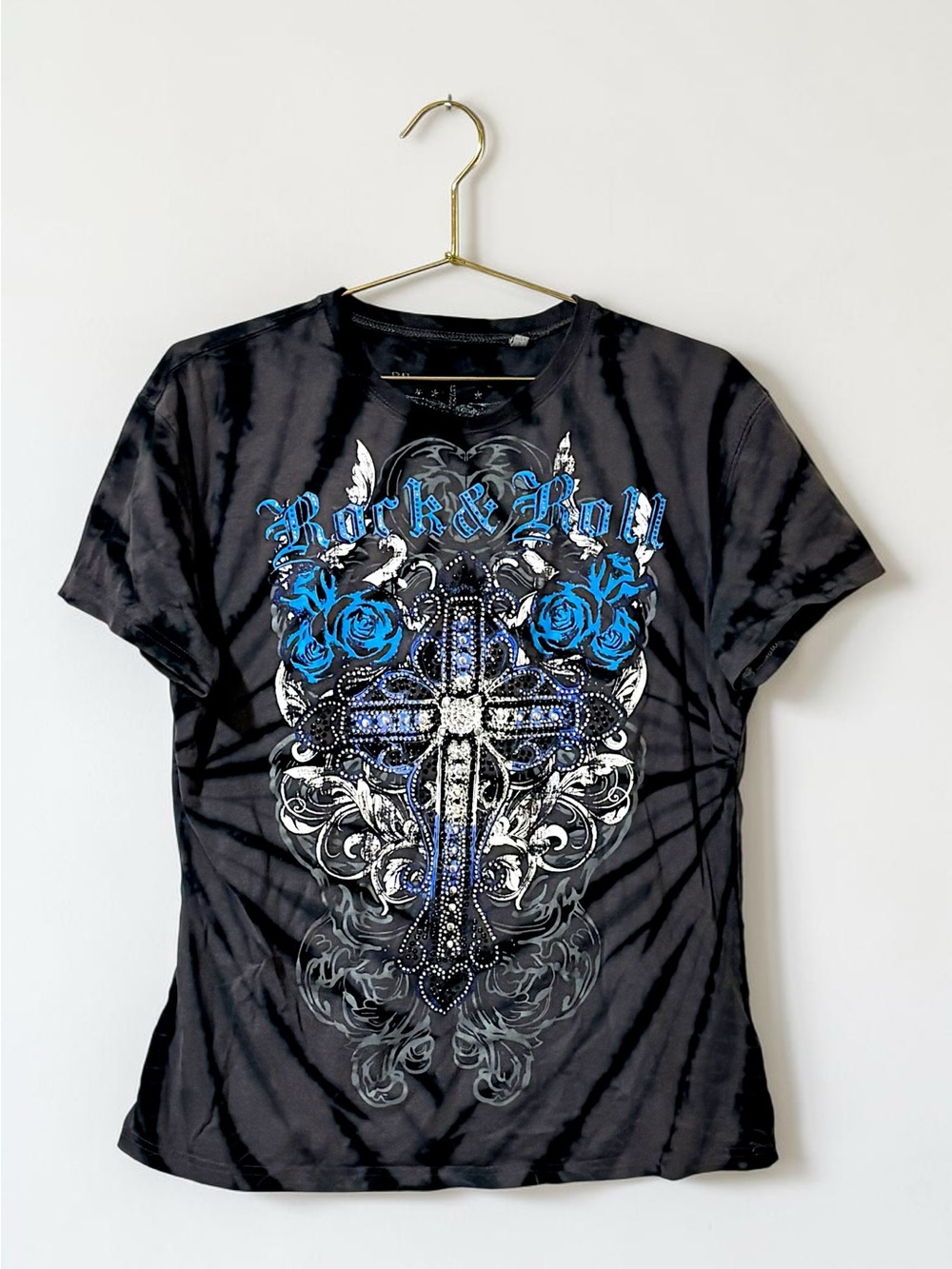 Lucky Brand Y2K Gothic Rhinestone Cross Graphic Tee Size L